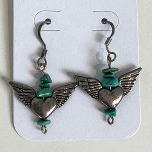 Silver Turquoise Heart Wing Drop Earrings